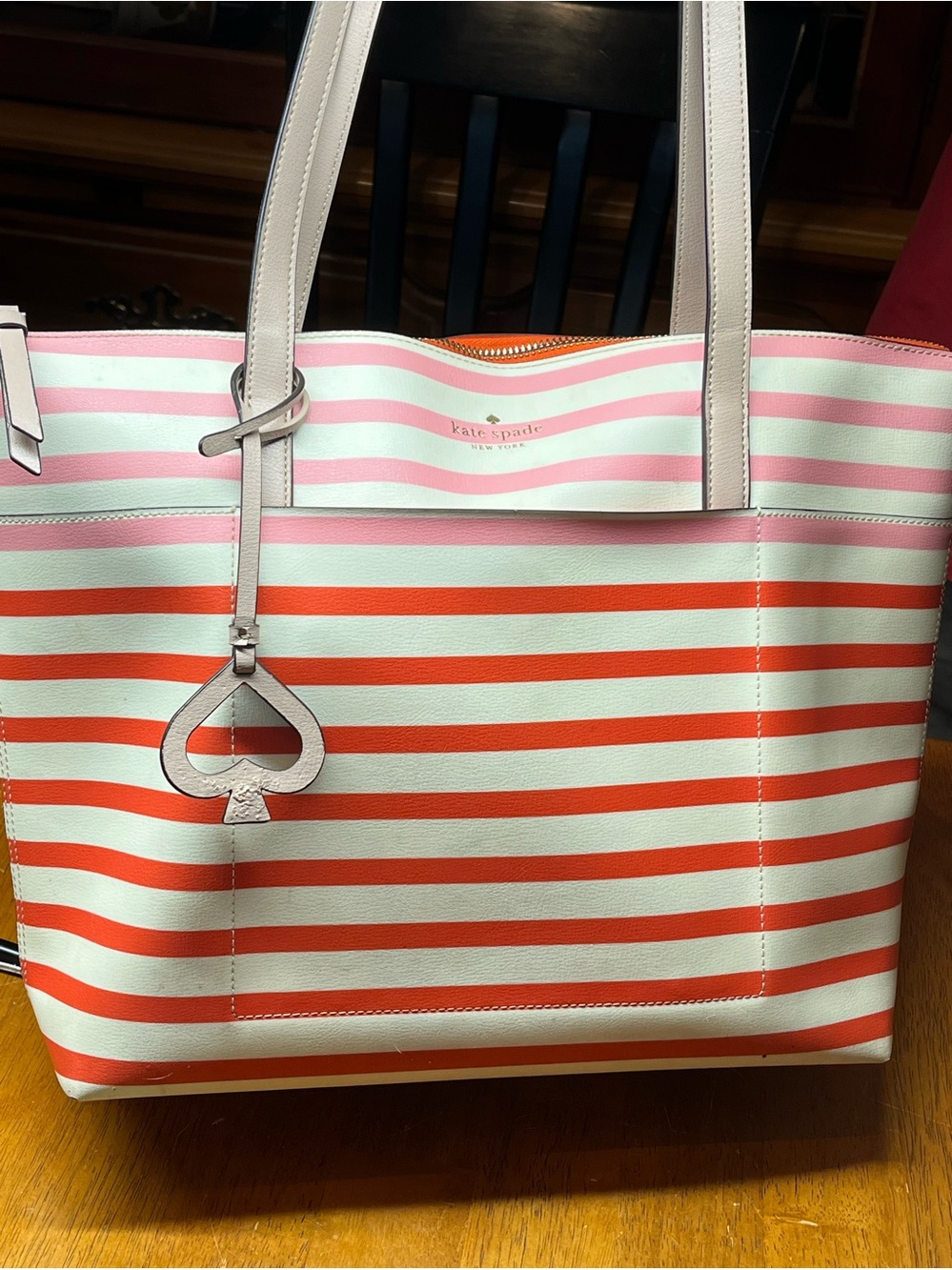 kate spade Striped Tote in Coral, White & Light Pink